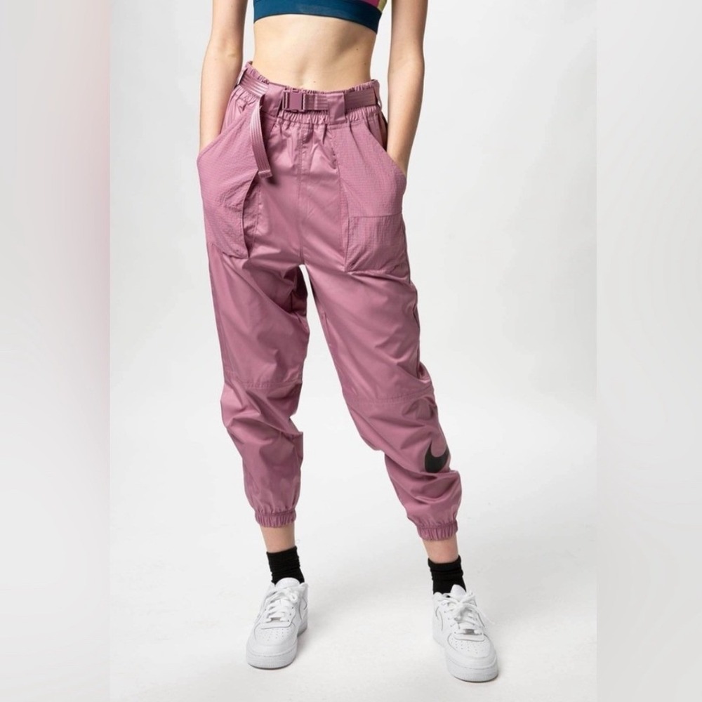 Nike Belted Track‎ Pants Womens L Swoosh Woven Utility Pants Mauve Pink Athletic
